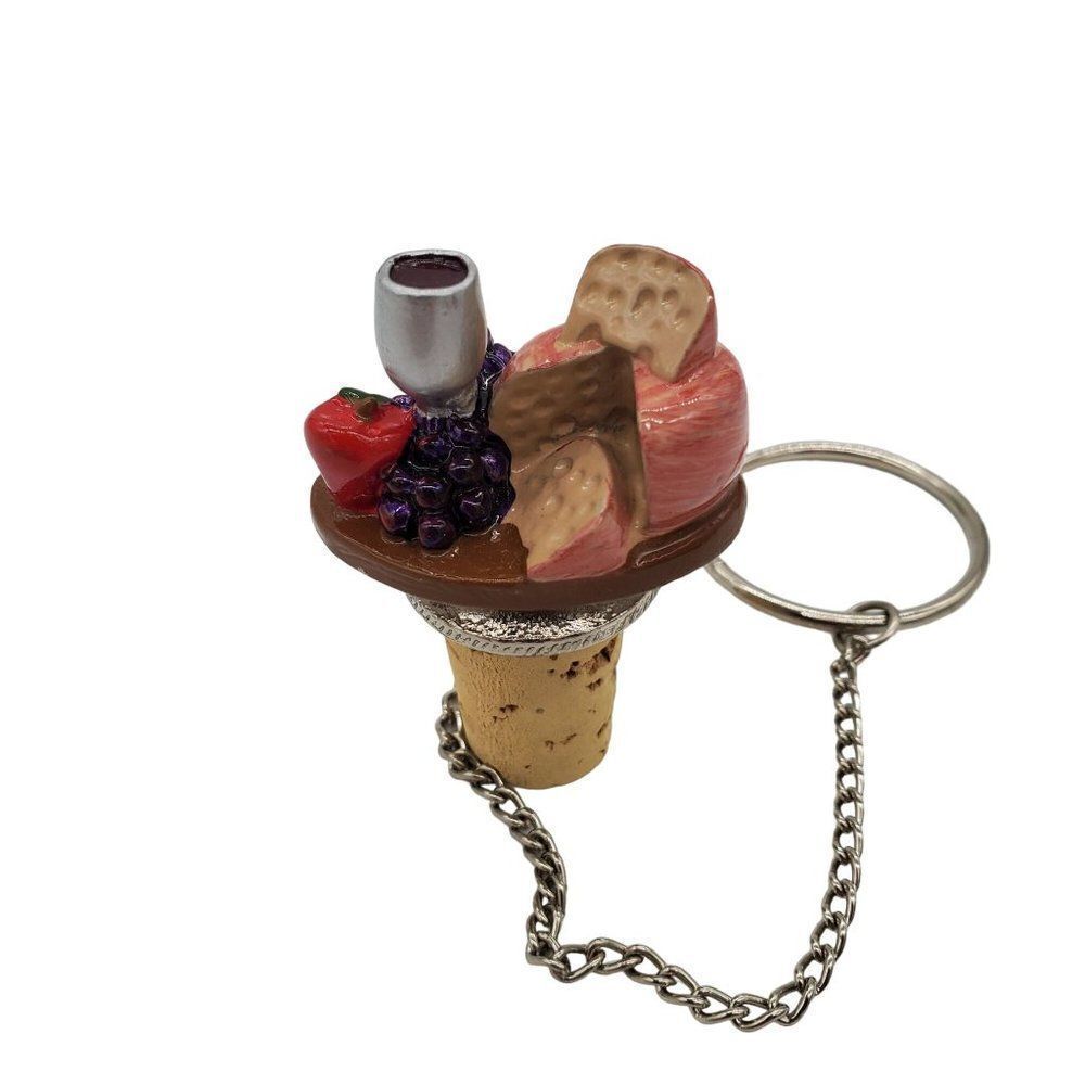 Cheese & Wine Bottle Stopper Wine Things Unlimited Hand Painted Pewter Chain